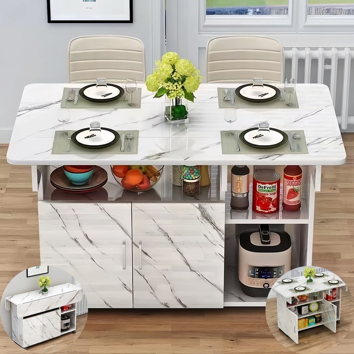 YAPOGI 가족 다인용 다용도 확장형 수납 가능 대리석 무늬 우드 식탁 인조 도자리 식탁 수동 설치 가능 접이식 식탁