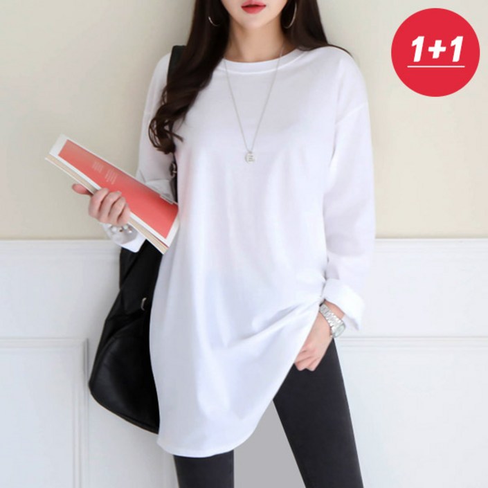 여성용 빅사이즈 오버핏 롱티 무지티 레이어드 이너 데일리룩 신상 루즈핏 라운드 베이직