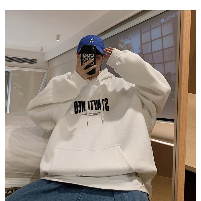 Wiseha 남성 오버핏 후드티 빅 사이즈 트렌디 루즈핏 아카데미 스타일 긴팔 티셔츠