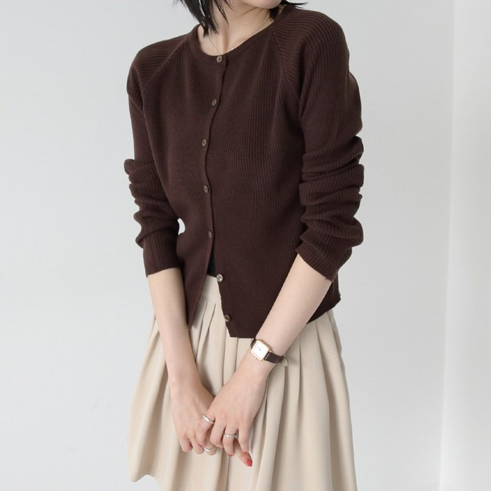 제니트 부드러운 신축성 좋은 편안한 착용감 여성 골지 가디건 니트 긴팔 라운드넥 나그랑 래글런