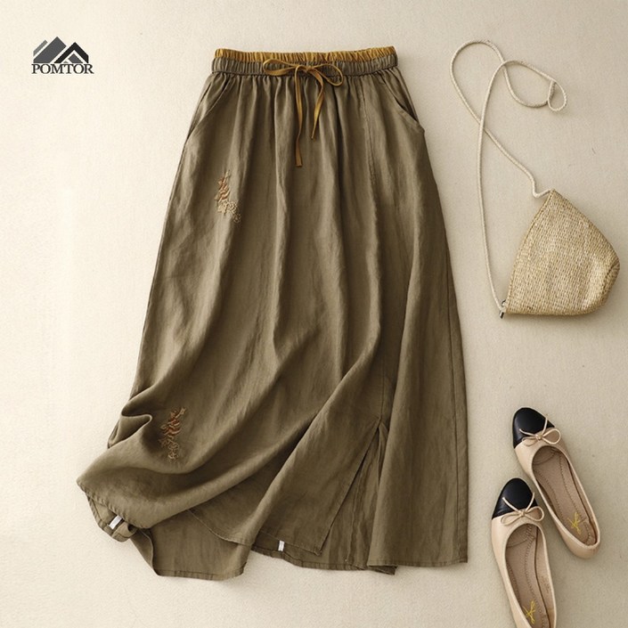 POMTOR 여성 린넨 스타일 자수 롱스커트 밴딩 허리 치마 A라인 스커트