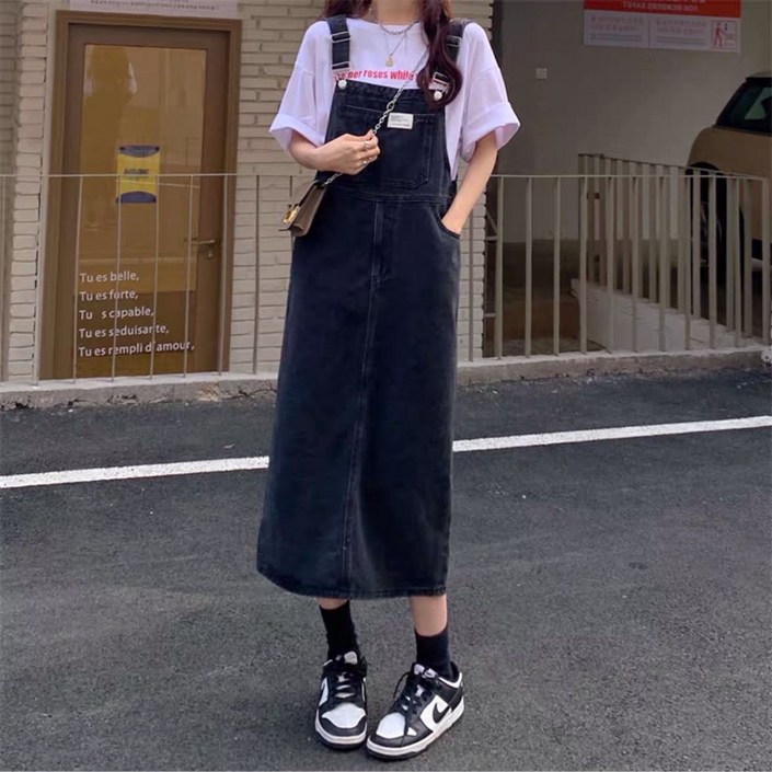 여성용 데님 멜빵 스커트 빅사이즈 박시 a라인 멜빵 원피스 뉴타임즈 F70271
