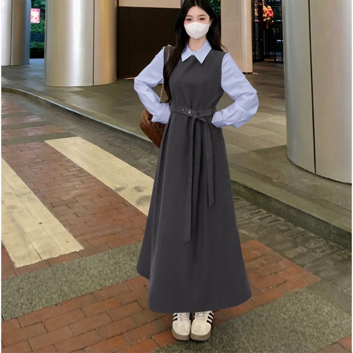 ANYOU 여성 롱 원피스 패션 카라넥 긴팔 캐주얼 원피스 빅사이즈 셔츠원피스 봄가을 데일리룩