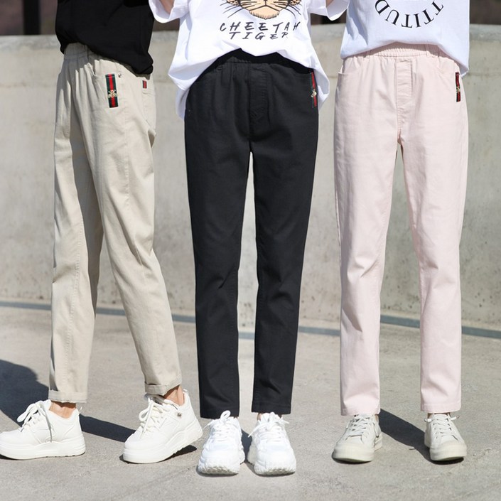 동대문스타일 여자 면바지 포켓 테이핑 루즈핏 밴딩 스판 워싱면 배기핏 여성 봄바지