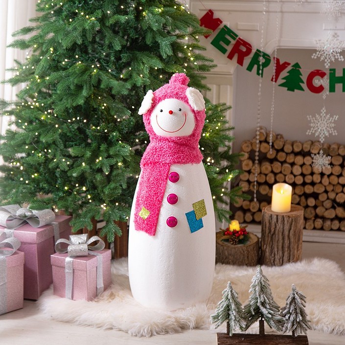 데코봉봉 겨울 포토존 핑크 모자 눈사람 80cm 대형눈사람 눈사람인형 크리스마스 크리스마스눈사람 크리스마스장식 크리스마스소품, 겨울 포토존 핑크 모자 눈사람 80cm