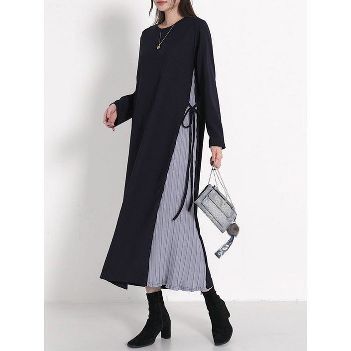 시크루즈 타틸 사이드 플리츠 배색 스트링 롱 원피스 BDOP078