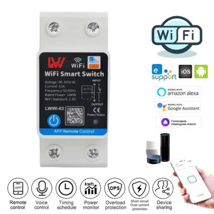 Ewelink 63A 전력계 Wifi 스마트 회로 차단기 전력 모니터 Wifi 전기 미터 에너지 미터 모니터링 타이머 릴레이