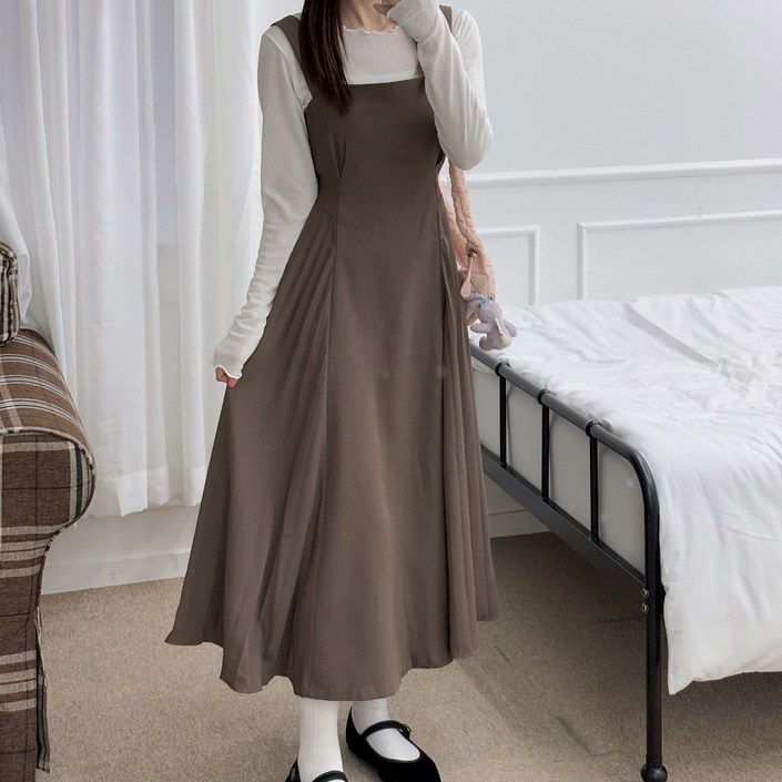 우아한 스퀘어넥 핀턱 사이드 플리츠 주름 롱 원피스 뷔스티에  원피스