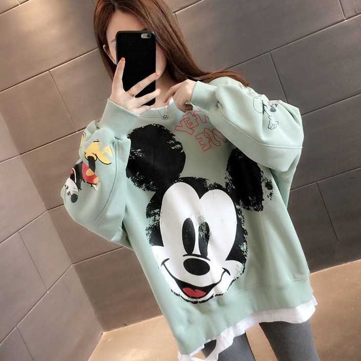 swygsqql 봄가을 빅사이즈 여성복 루즈핏 오버핏 미키구제 맨투맨 얇은 긴팔티