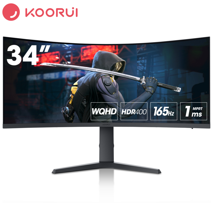 KOORUI 86.4cm 1000R 커브드 게이밍 모니터 2K WQHD+HDR/165Hz+MPRT 1ms /상하좌우조절+틸트가능+벽걸이지원,34E6UC블랙, 34E6UC