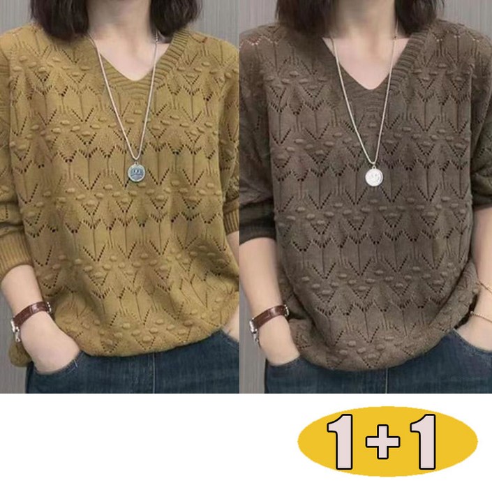 11 40대 50대 여성 봄가을 라운드넥 니트 얇은 티셔츠 레이스 긴팔  니트 풀오버 캐주얼 루즈핏 대사이즈 상의