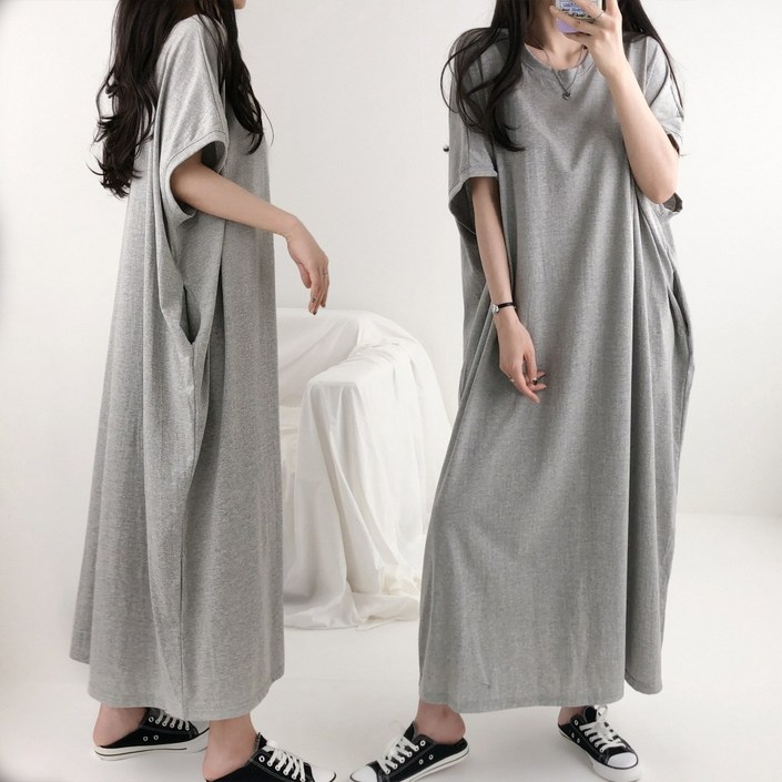 엘케이엘 왕박시 4XL 국산 빅사이즈 오버핏 가오리 포켓 반팔 면 롱 원피스