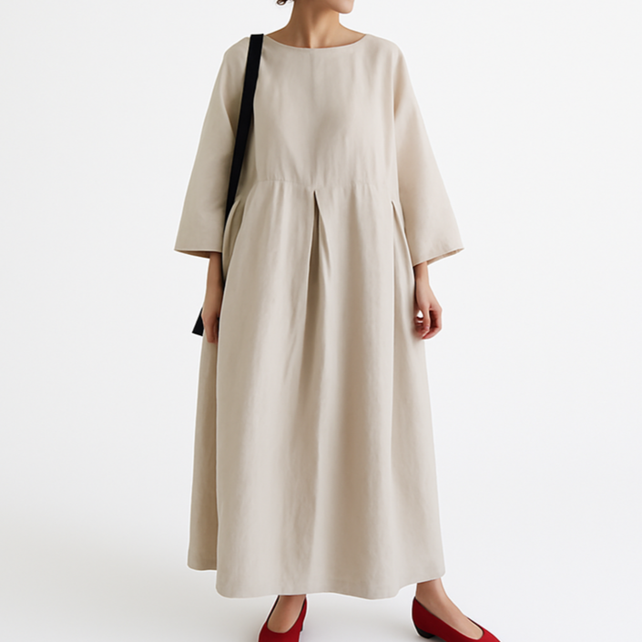 가비앤코 여성 가을 플리츠 긴팔 롱미디 원피스