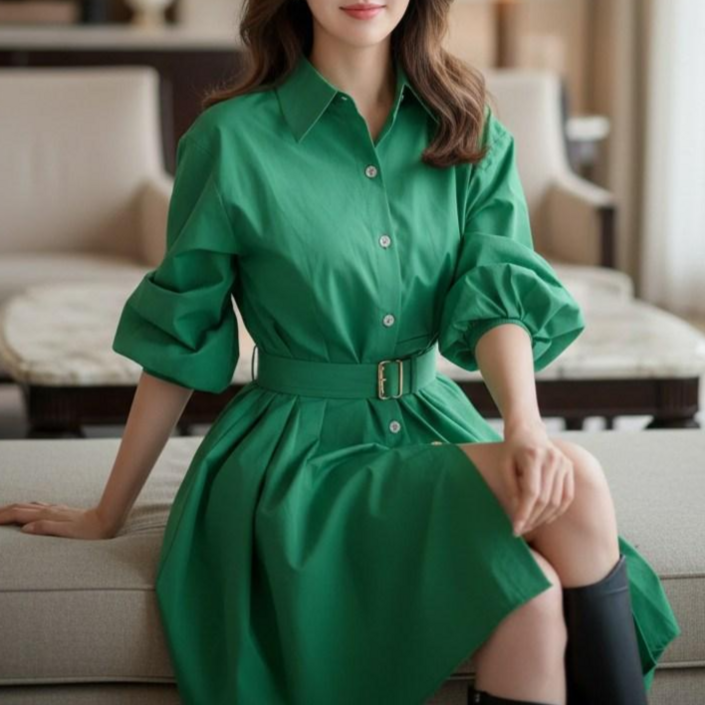 나리언니 X4451 벨트 세트 컬러풀 고무줄 소매 볼륨 퍼프 사계절 롱 남방 셔츠