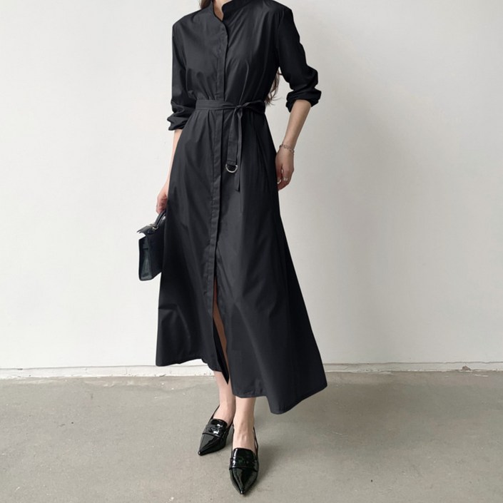 TIMEPUR 여성 봄가을 루즈핏 셔츠 롱원피스 조절 가능한 벨트 장식 캐주얼하고 우아한 스타일 여유로운 실루엣으로 심플한 데일리 루즈핏 원피스 양쪽 포켓 디자인