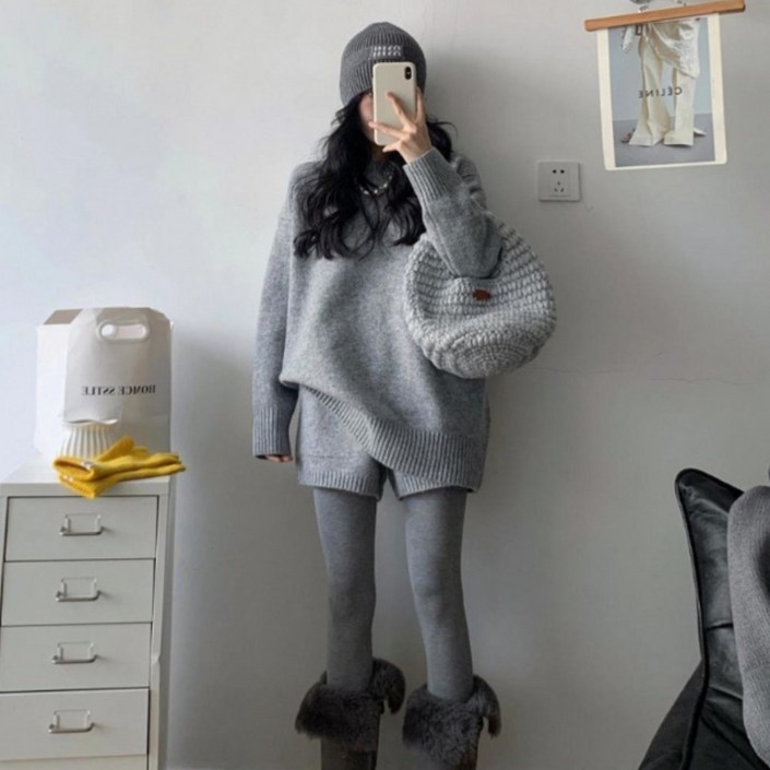 여성 가을 겨울 세트 니트 투피스 세트 긴팔 니트 스웨터 반바지 패션 캐주얼