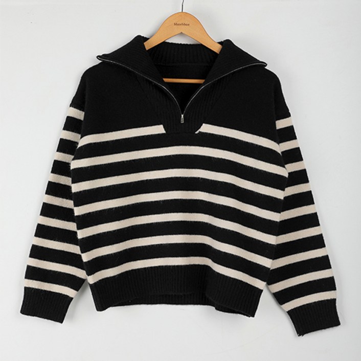 빼빼 여성용 스트라이프 반집업 터틀넥 니트 티셔츠