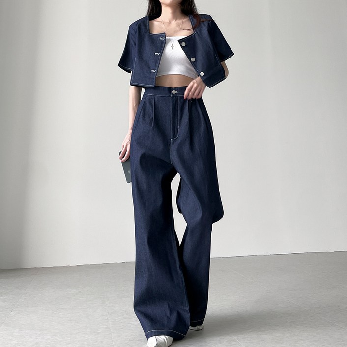 페이퍼먼츠 스퀘어넥 크롭 자켓 + 핀턱 팬츠 캐주얼 세트 10821