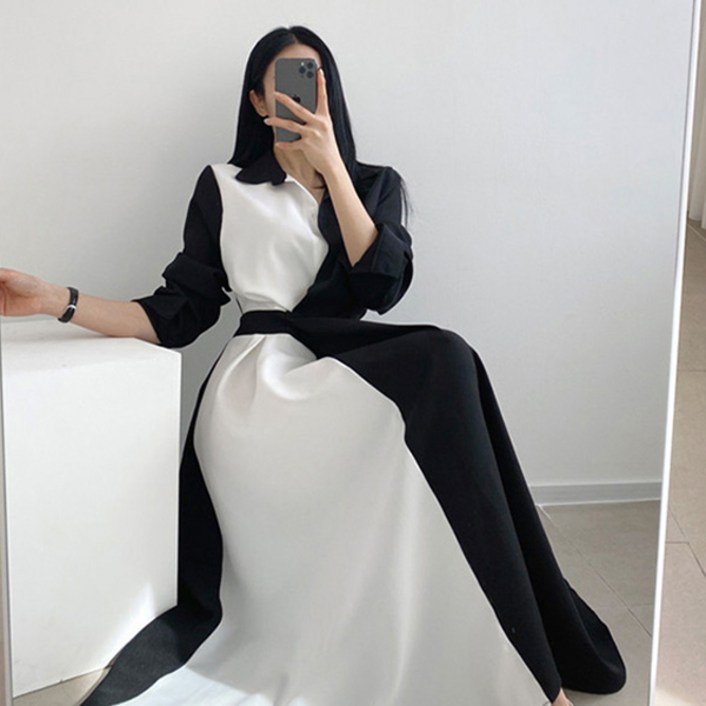 루나걸 코인드 롱 배색 원피스