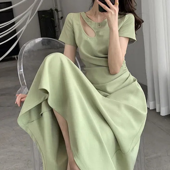 더시럽 여성용 슬림 사이드 셔링 반팔 롱 원피스