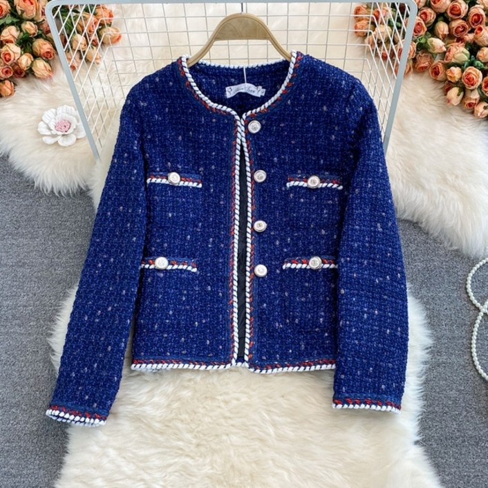 우아한 빈티지 트위드 긴 소매 루즈핏 코트 여성용 파티 겉옷 신제품 가을 겨울 2021