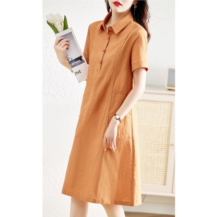 여름 신상 솔리드 여성 면마 원피스 오버사이즈 슬림핏 미디 린넨 반팔 셔츠 스커트