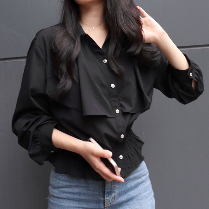 메리앤유 케이프 플랩 레이어드 블루종 핏 셔링 간절기 셔츠 블라우스