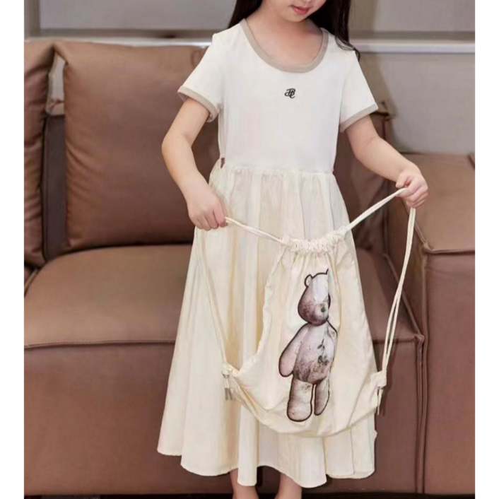 하와즈 배색 반팔티 원피스 곰돌이 프린트 배낭 세트 주니어 롱 원피스