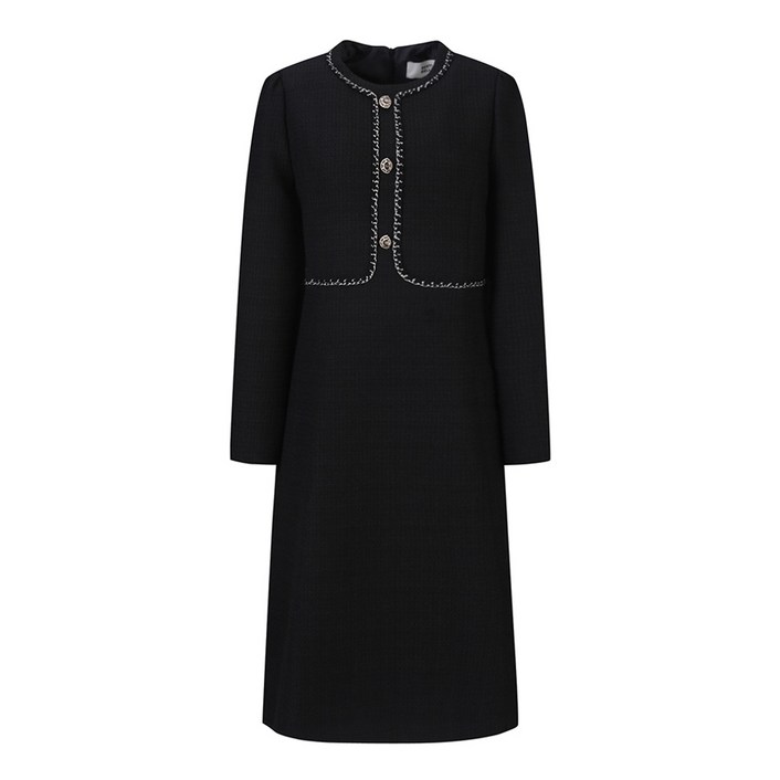 베스띠벨리 [신상 겨울 원피스 할인]  브레이드 포인트 트위드 롱 원피스   <정상가 459,000원> 검정 정장 겨울 원피스 트위드