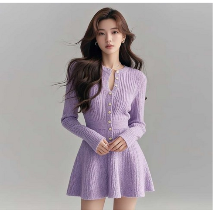 COSYEVNO  여성 봄가을 긴팔 슬림핏 니트 미니 원피스 버튼 장식 TZKlyq8