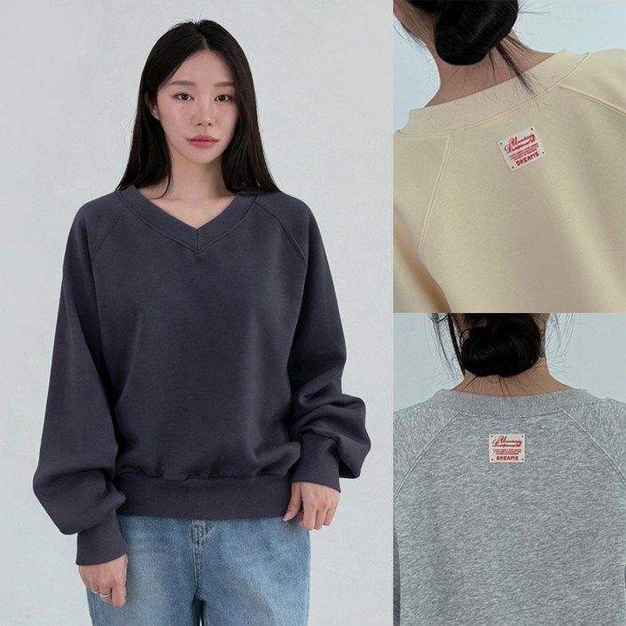 라벨 패치 포인트 브이넥 가오리 루즈핏 맨투맨