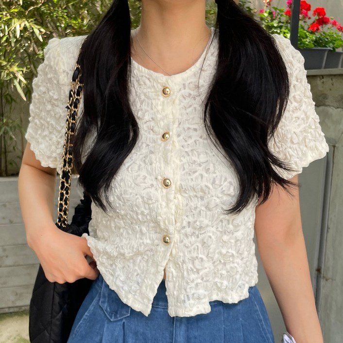 [디아미뇽] 제스 파스텔 퍼프 크롭 반팔 블라우스 자켓