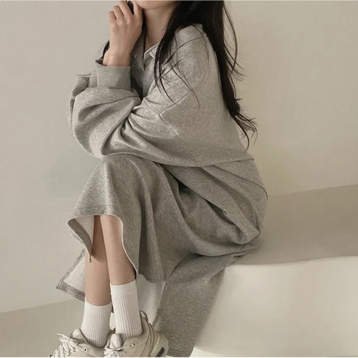 여성 기모롱원피스 카라 오버핏 2컬러 체형커버 날씬해보이는 롱원피