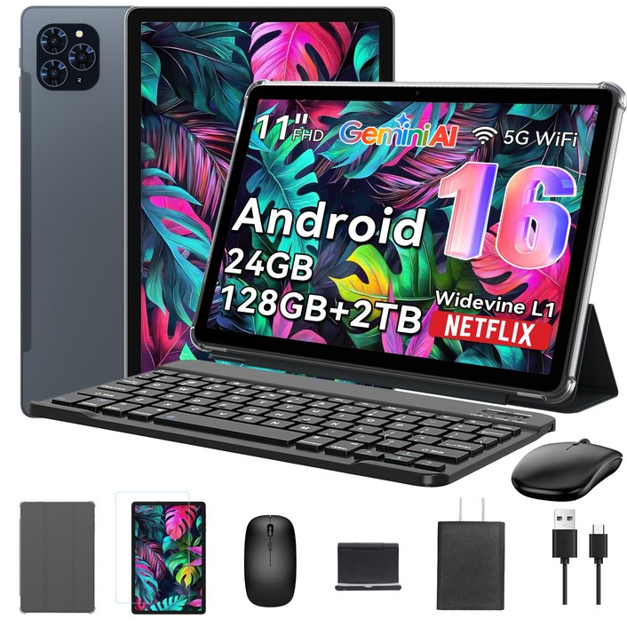 TABWEE 2026 세계최초 Android16 Gemini AI 태블릿 11인치 FHD 24GB128GB 2TB확장 2in1 테블릿 pc 키보드세트