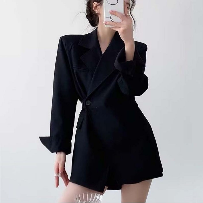 TIMEPURE 여성 원버튼 세련된 정장 롱 자켓 봄 가을 소매트임 뒷면 허리벨트 일체형 고급 캐주얼 하프 정장 오피스룩 하객룩