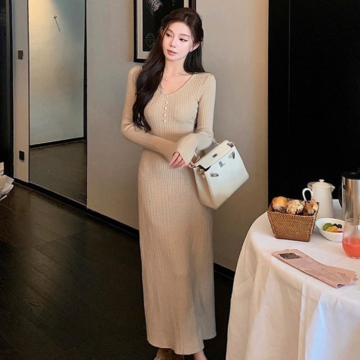 메이킹유 슬림핏 꽈배기 니트 브이넥 WA1409슈에즈원피스