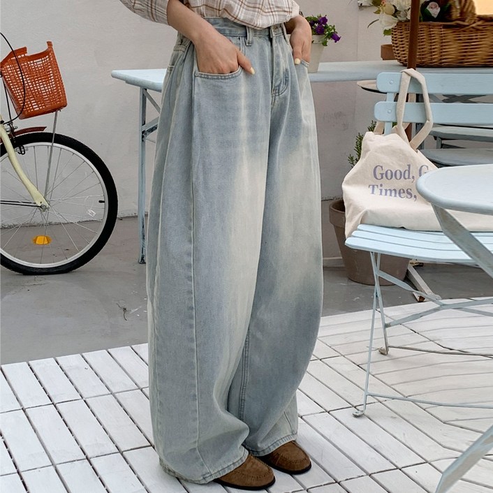 앤샵 [롱,숏 기장선택/빅사이즈~2XL] 여성용 트베리 워싱빈티지 벌룬 사이드절개 와이드 데님 청바지(4color)