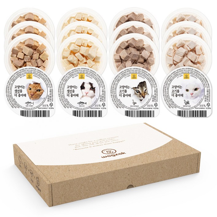 와그작 반려동물 고양이는 더 좋아해 동결건조간식 선물 4종 x 3p 세트, 혼합맛가다랑어북어닭가슴살오리가슴살, 84g, 1세트