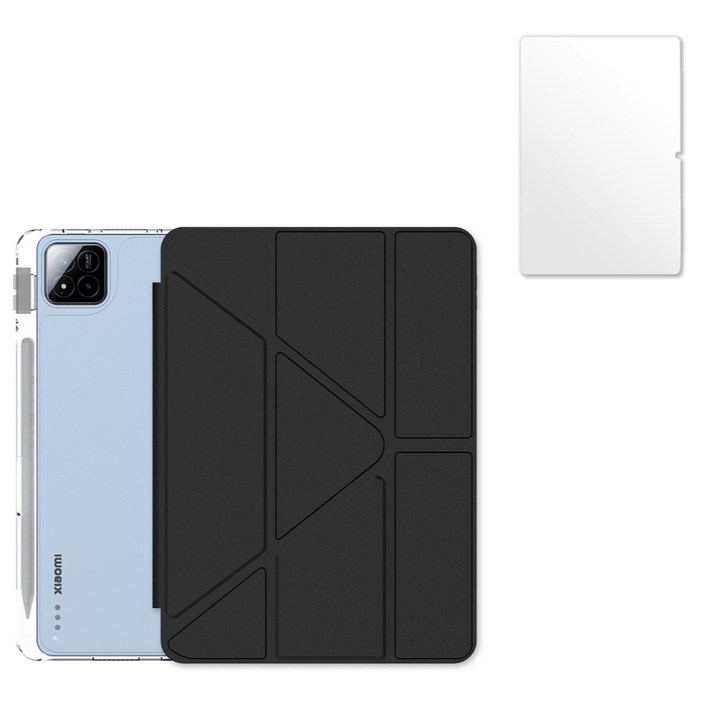 칸탐 샤오미 패드 커버 케이스 강화유리 액정보호필름 세트, 블랙, 1세트