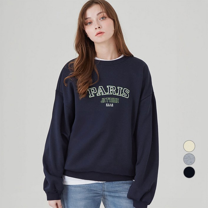 ELLE PARIS 자수 그래픽 기모 스웻셔츠 PARIS