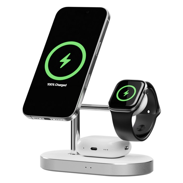 신지모루 Qi2 3in1 M트리 터보 맥세이프 초고속 무선충전 아이폰 애플워치 거치대, 화이트, 1개