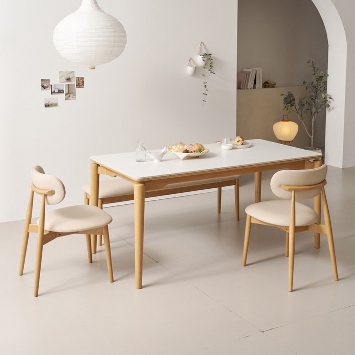 폴인퍼니 시에나 포세린 세라믹 식탁 1600 의자 2p 벤치 세트 4인용 방문설치, 내추럴프레임, 화이트상판, 아이보리의자, 벤치, 일반 2 벤치 1