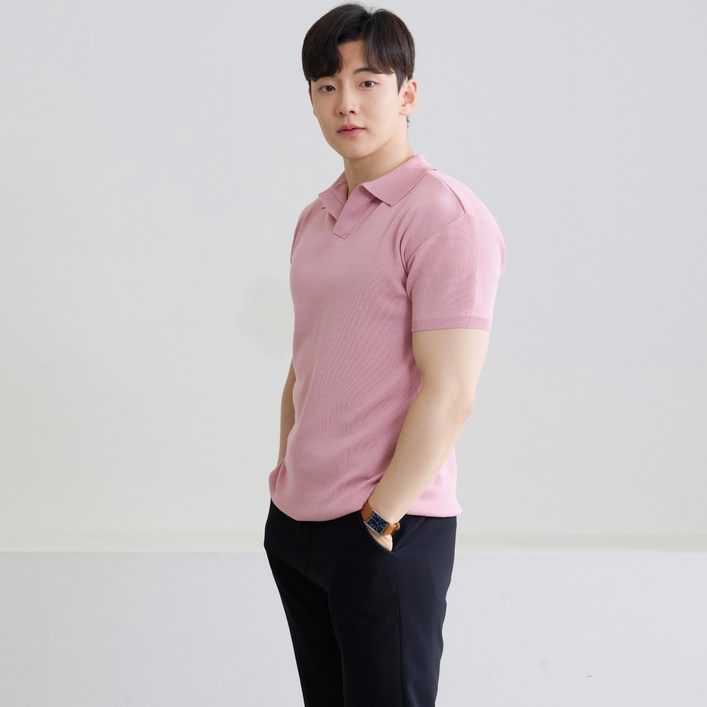 핵쿨남 남성용 아이스쿨링 머슬핏 반팔 오픈 카라 니트