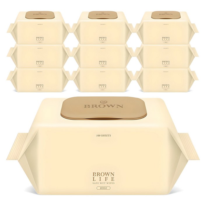 브라운라이프 베이지 엠보싱 대용량 물티슈 캡형, 50g, 100개입, 10개