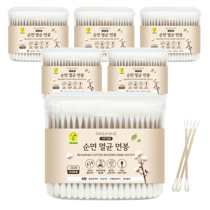 뷰렌드 비건 멸균 나무 면봉, 350개입, 6개
