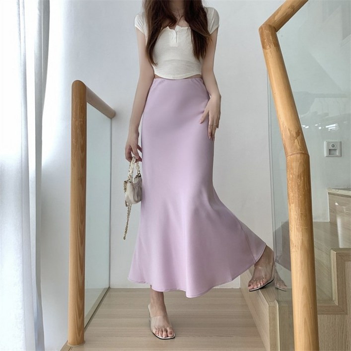 아이엠몽 여성용 미레사 새틴 머메이드 플레어 밴딩 스커트