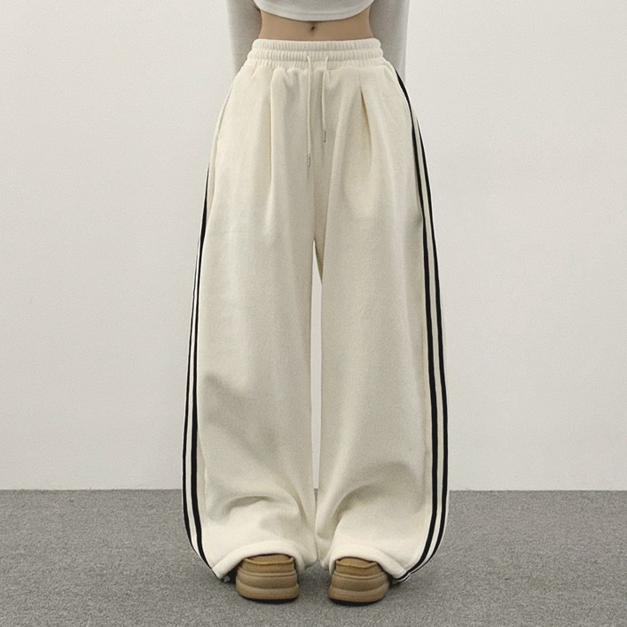 위드후이린 여성용 트랙 골지 두줄 라인 와이드 일자 트레이닝 밴딩 팬츠