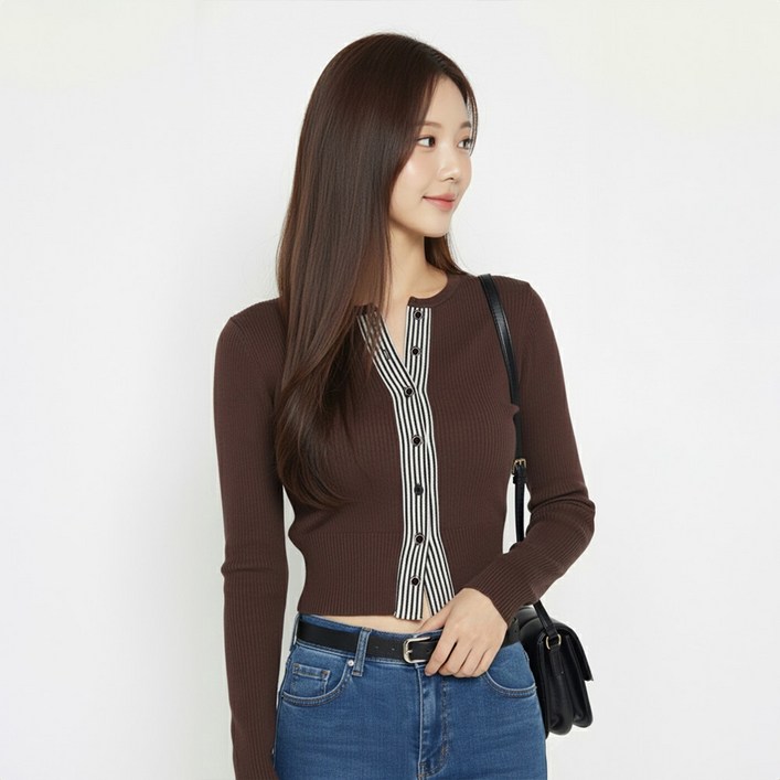 메이첼 여성용 아르코 배색 버튼 니트 가디건 12421