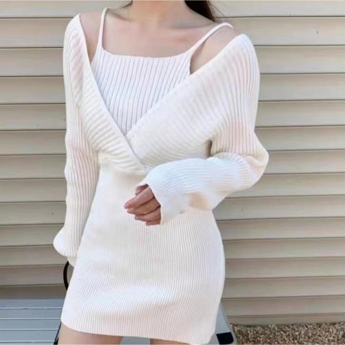 구디프 페이크 투피스 골지 V넥 H라인 원피스