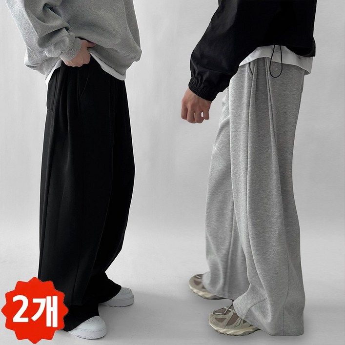 11 2장묶음 빠델 겨울 기모 핀턱 벌룬 와이드 트레이닝 스웻 커브드 팬츠 회색 트레이닝팬츠